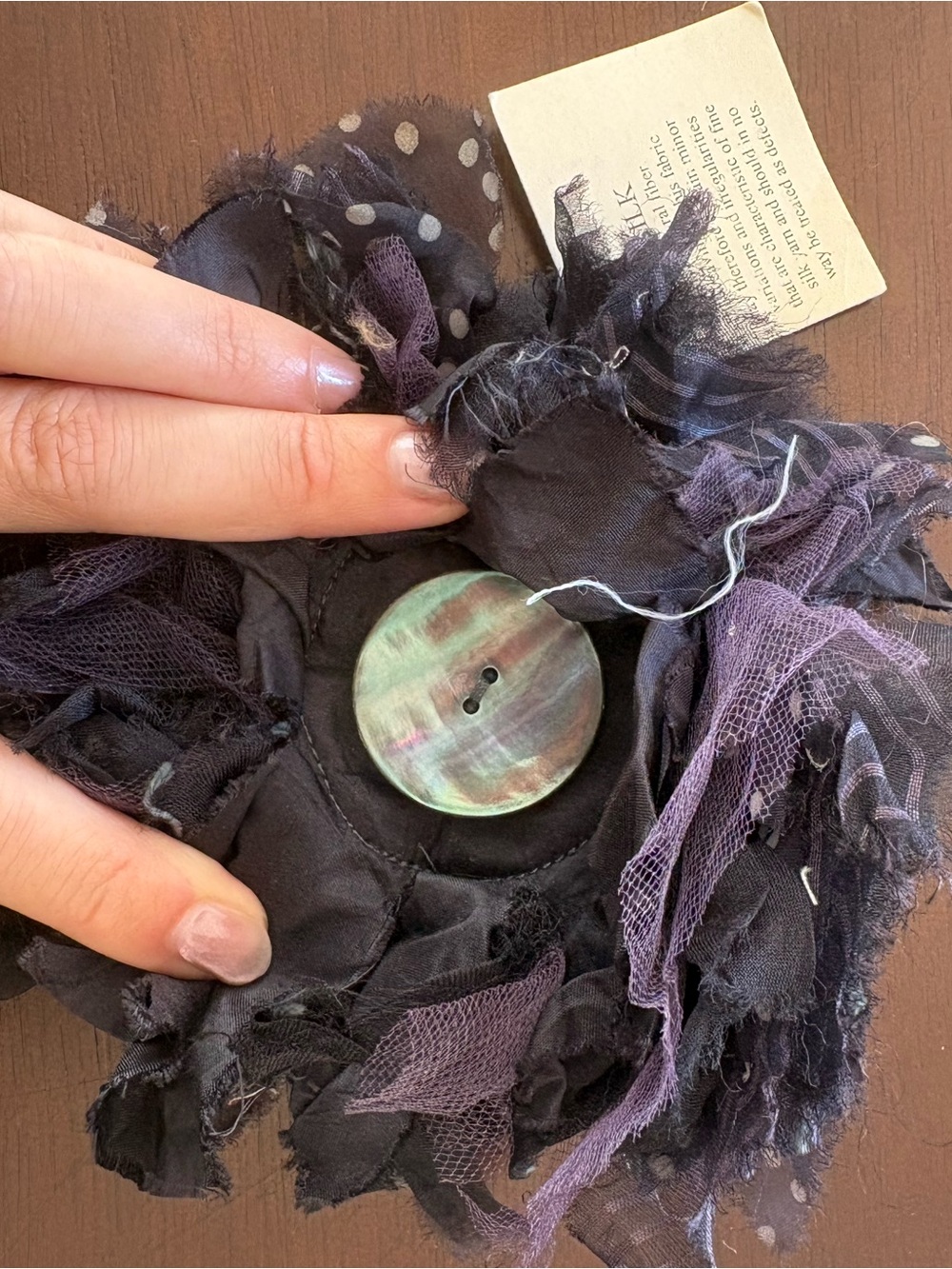 Black and Purple Layered Fabric Flower Brooch with Iridescent Button Accent